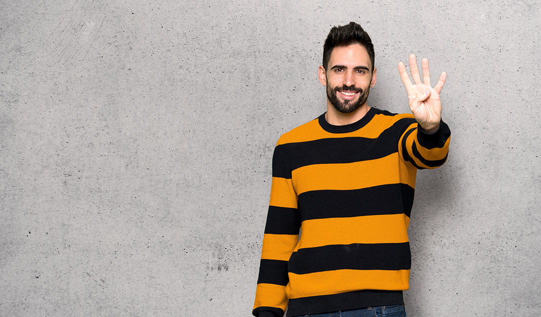 Handsome Man With Striped Sweater Happy And Counting Four With Fingers - Advance Soluções Empresariais e Contabilidade